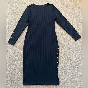 Shein Ribbed Maxi Dress, Wooden Button Detail, Side Slit, Color: Black, Size 1XL